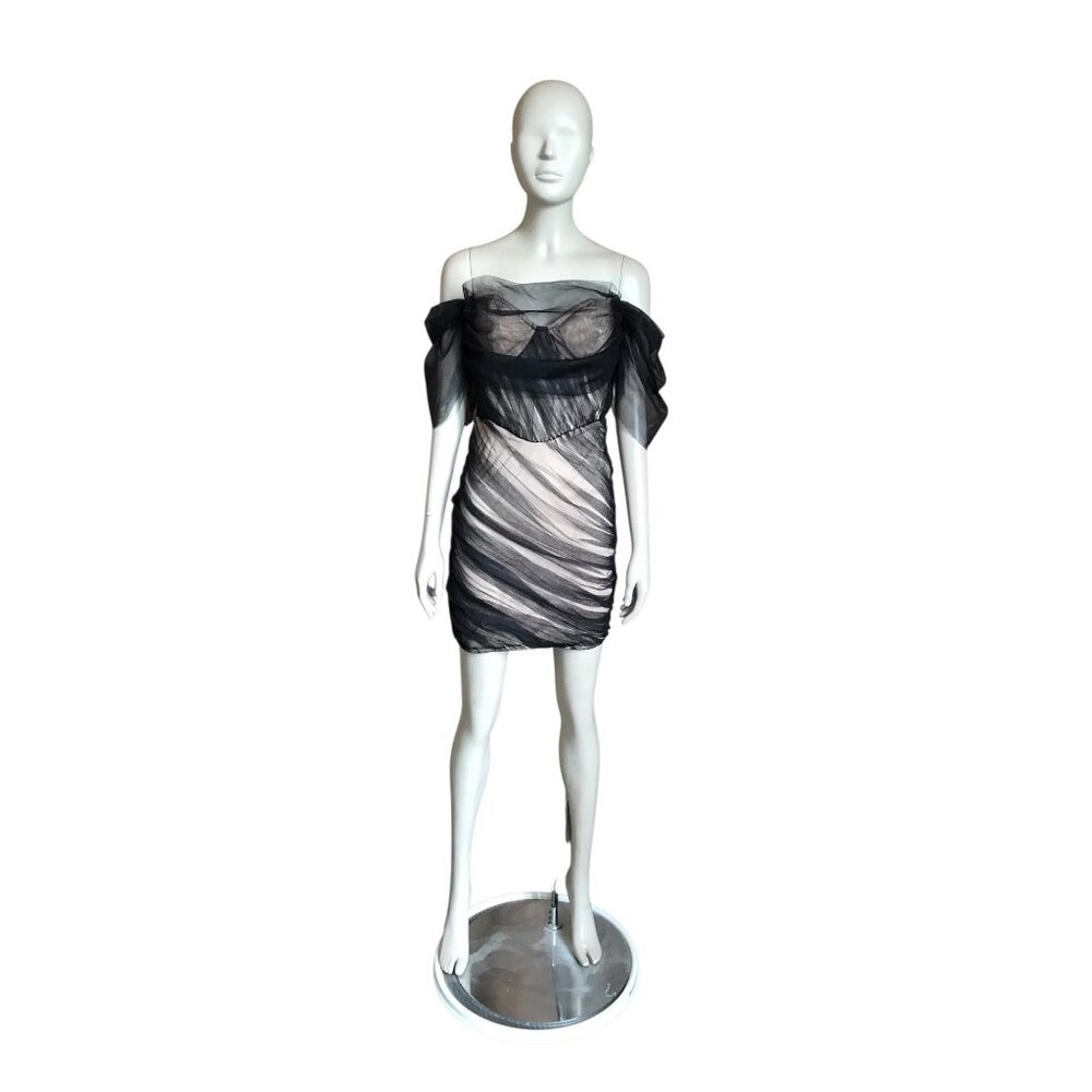 NWT Missguided Black and Tan Mesh Bardot Dress